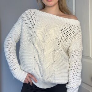Express Off-Shoulder Cream Cable Knit Sweater